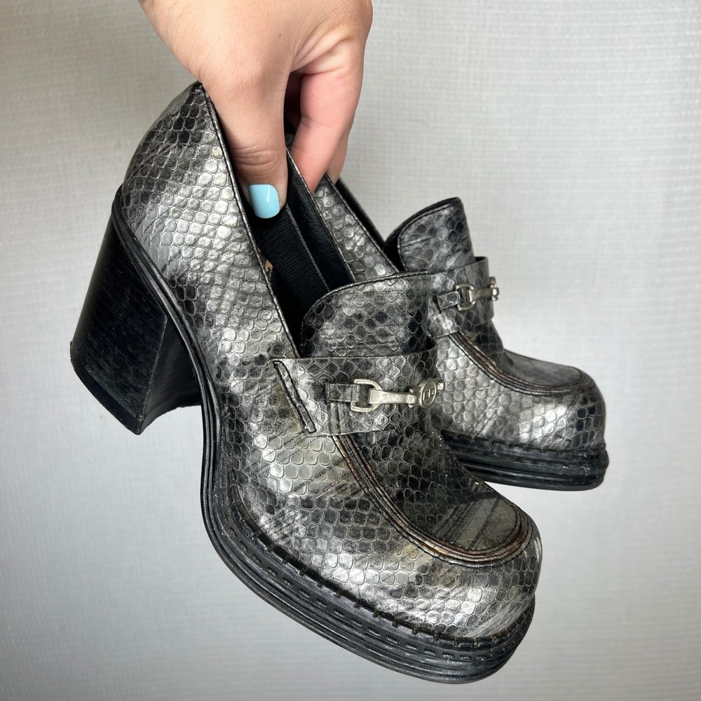 Euroclub Vintage 90s Grey Snakeskin Platform Loafers Chunky Block Heel Size 8.5